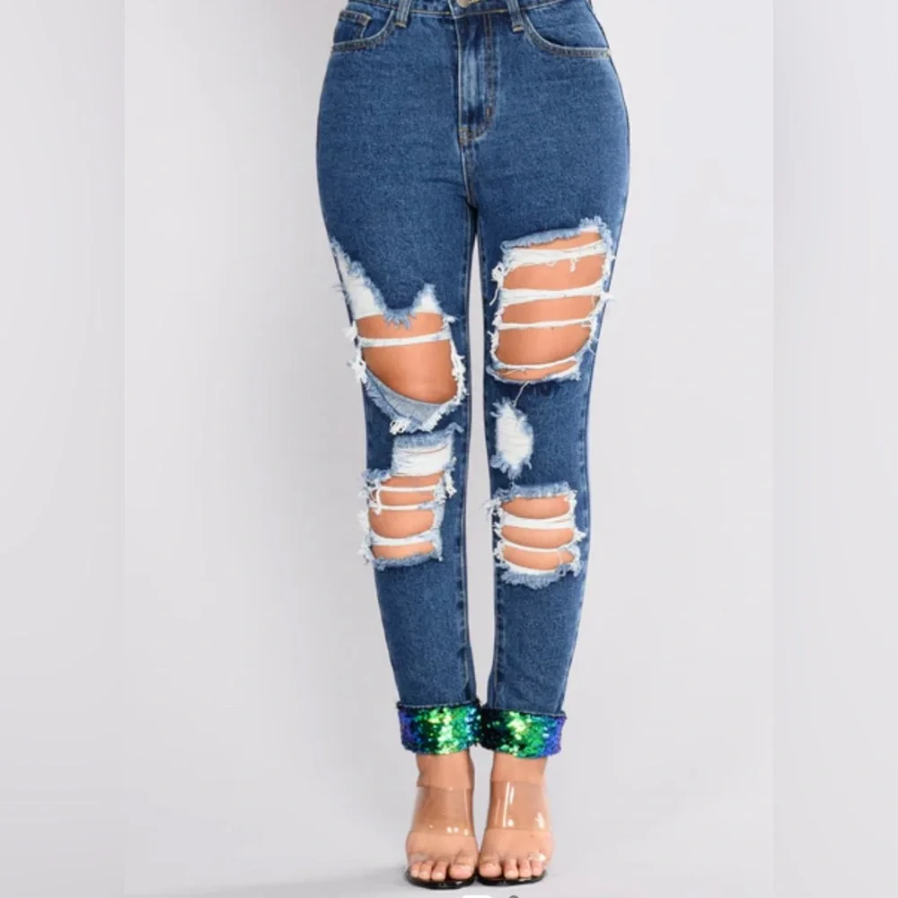 Fashion Nova Blue Distressed Skinny Jeans with Sequin Cuffs 💚🍀☘️ - Picture 1 of 7